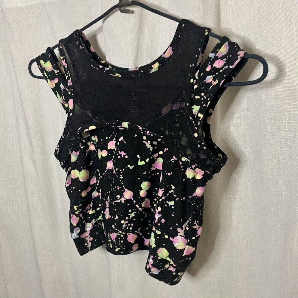 Feathers Women's Black & Neon Splatter Print Cropped Tank, Mesh & Fabric Sz S - Picture 3 of 10